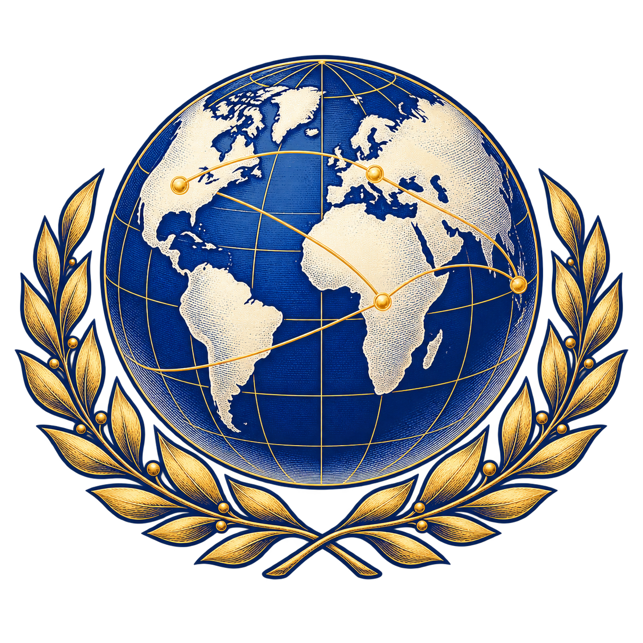 Blue and gold globe with laurel branches representing international fellowship